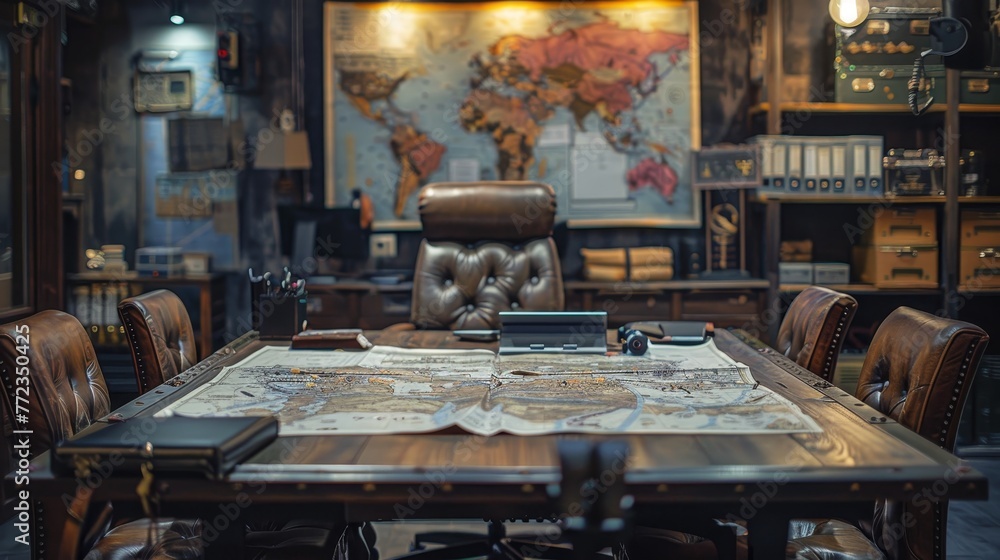Poster a large wooden table with a map on it and a leather chair in front of it. the room is filled with va