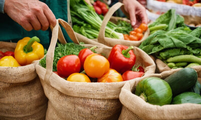 Reusable linen bag with mixed fresh green vegetables on a farmer's market background. Zero waste lifestyle. Sustainable lifestyle, healthy food concept for banner with copy space. 