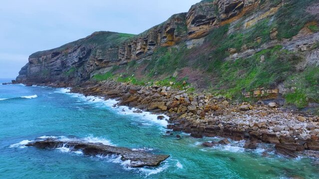 Coastal landscape around Lua&ntilde;a or C&oacute;breces beach. Aerial view from a drone. Alfoz de Loredo Municipality. Cantabrian Sea. Cantabria. Spain. Europe