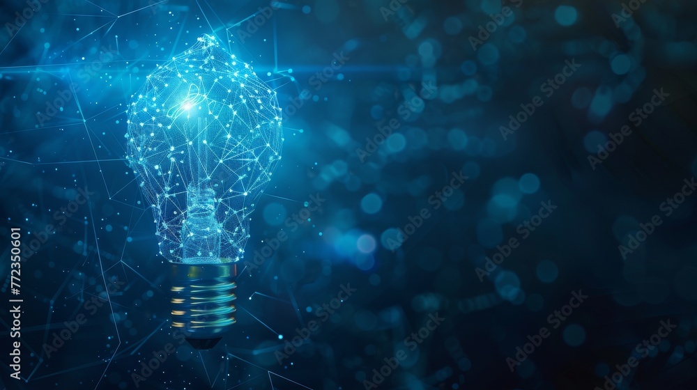 Poster illustration or background of a lightbulb. polygonal mesh art with crumbled edges against a blue nig