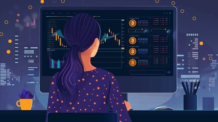 Trader with financial charts colorful funky cartoon illustration, learning the crypto market and diving into the world of finance