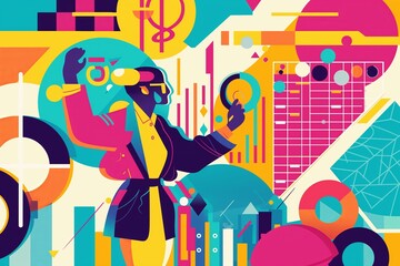 Trader with financial charts colorful funky cartoon illustration, learning the crypto market and diving into the world of finance