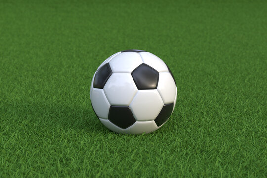 A traditional black and white soccer ball rests on a vibrant green grass pitch, evoking the spirit and passion of the sport of football. 3D Render illustration