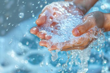 Fototapeta premium Close-up image capturing the dynamic movement of water and soap bubbles in the palms of someone's hands, conveying cleanliness and freshness.