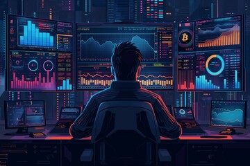Trader with financial charts colorful funky cartoon illustration, learning the crypto market and diving into the world of finance - obrazy, fototapety, plakaty
