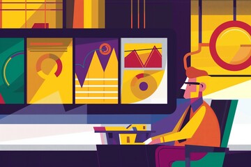 Trader with financial charts colorful funky cartoon illustration, learning the crypto market and diving into the world of finance