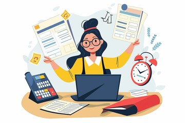 Female accountant, woman working as a bookkeeper business flat cartoon illustration