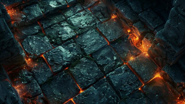 A black and orange image of a stone floor with fire on it