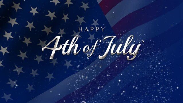 Happy 4th of July greeting animation 2024, lettering text with waving USA flag background and fireworks splash, Happy Independence Day united states of america concept, for banner, feed, stories