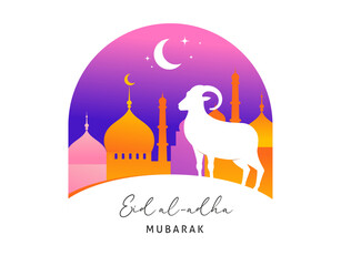 Eid Al Adha design. Celebration of Muslim holiday the sacrifice. Colorful background with Islamic Mosque and animals, camel, sheep and goat