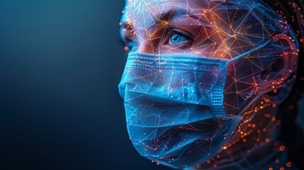 This is a protective face mask. The mask has a low poly wireframe style. It protects us from viruses, bacteria, and smog. A symbol of protection against the flu. Polygon abstract isolated on blue - obrazy, fototapety, plakaty