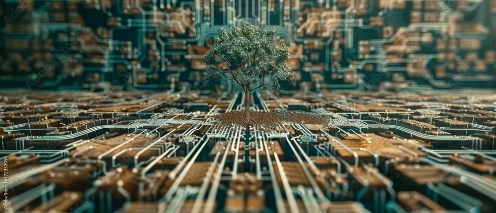 Aufkleber Green Computing, Green Technology, Green IT, CSR, and IT ethics concept with a tree growing on a computer circuit board. Blue light and wireframe networking background.