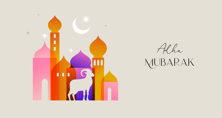 Eid Al Adha design. Celebration of Muslim holiday the sacrifice. Colorful background with Islamic Mosque and animals, camel, sheep and goat