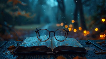 Glasses on an open book in a foggy forest at night