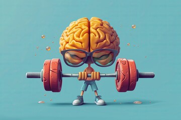 Cartoon brain weightlifting, mental training workout intellectual learning self-education - obrazy, fototapety, plakaty