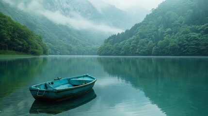 A small blue boat sits in a lake surrounded by trees. The water is calm and the sky is cloudy. The scene is peaceful and serene, with the boat being the only object in the water