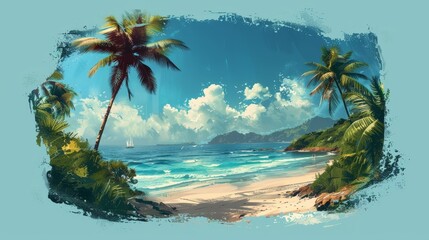 A painting of a beach with palm trees and a sailboat in the water. The mood of the painting is peaceful and relaxing