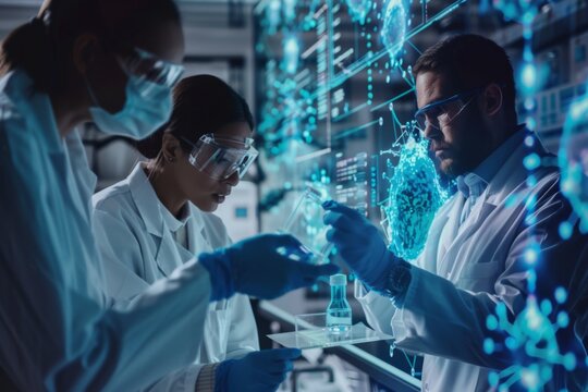 A team of scientists collaborates on genetic research in a modern laboratory, analyzing DNA structures with advanced equipment.