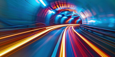 Nighttime drive through illuminated tunnel with blurred car lights trailing behind in long exposure...