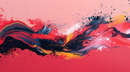 A painting of a colorful, swirling line with splatters of paint. The painting has a sense of movement and energy, and the colors are vibrant and bold. The overall mood of the painting is dynamic - obrazy, fototapety, plakaty