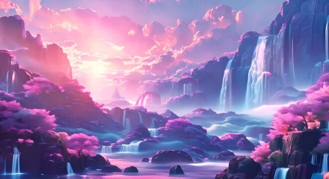 Surreal neon landscape with floating rocks and waterfalls defying gravity