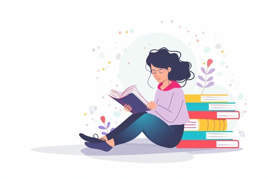 Girl reading a book, sitting while leaning on a pile of books, learning and reading concepts. cute flat cartoon illustration