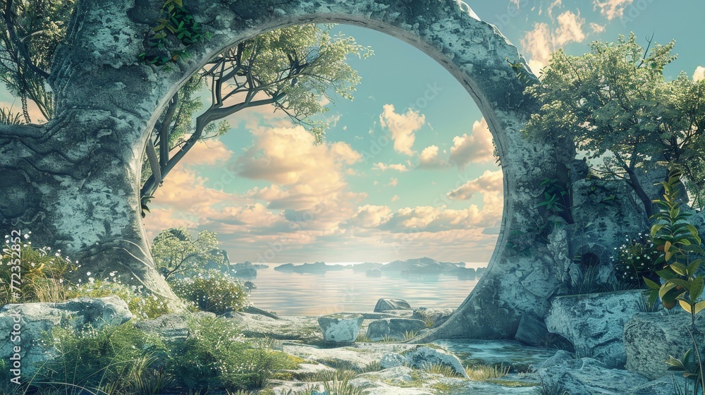 Aufkleber a large rock archway with trees on either side. the archway is surrounded by a lush green forest and