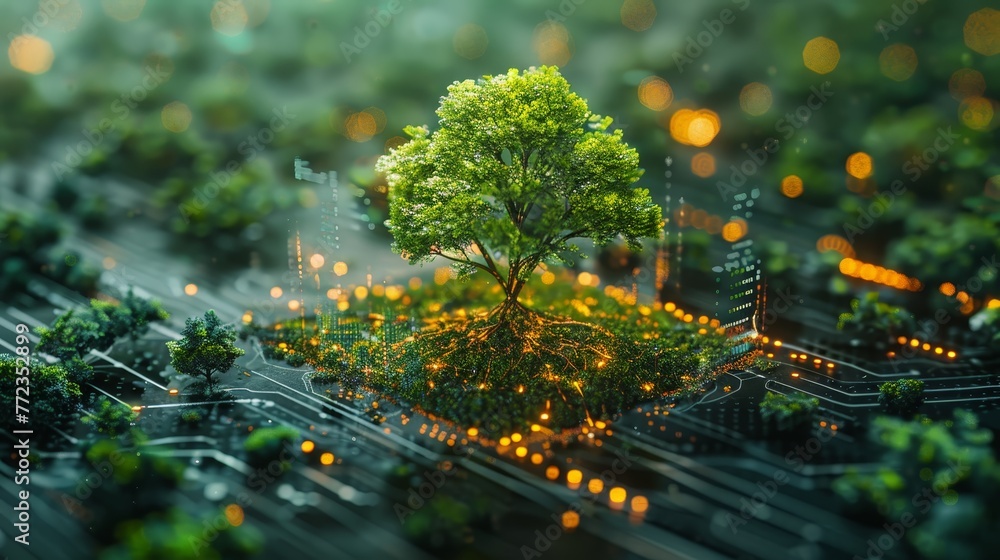 Poster a tree is growing on a computer chip. the image has a futuristic and technological feel to it
