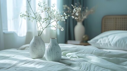 interior of bedroom with fresh blossom flowers in vase  on a bed  generative ai