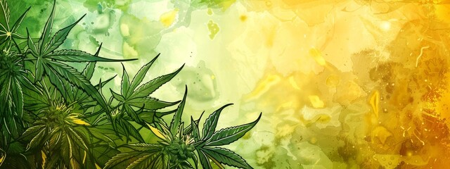 Cartoon marijuana isolated on the bright green and gold background - obrazy, fototapety, plakaty