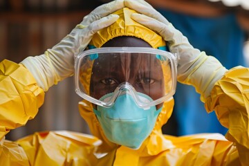 A medical professional dressed in yellow protective gear prepares for a day of work, ensuring safety and cleanliness.