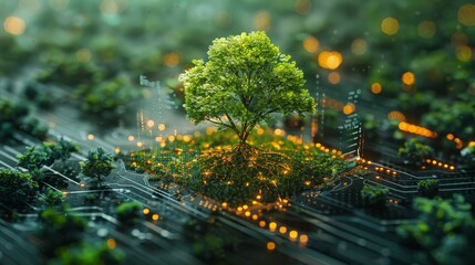 A tree is growing on a computer chip. The image has a futuristic and technological feel to it - obrazy, fototapety, plakaty