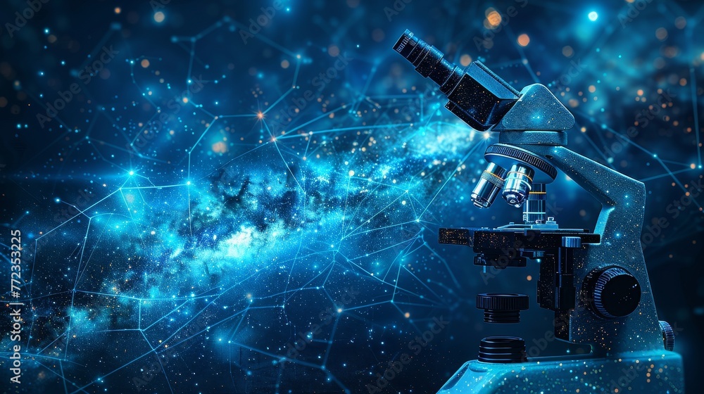 Leinwandbilder A mash line and point microscope are shown on a background with an inscription. A starry sky consists of stars and the universe. This is an illustration that teaches sciences and education.