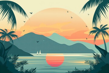 Picturesque sunset over tropical island, flat cartoon illustration