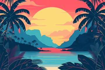 Fototapeta na wymiar Picturesque sunset over tropical island, flat cartoon illustration