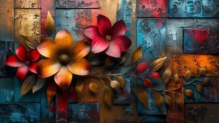Fotobehang An abstract painting, metal elements, a texture background, flowers and plants, © Zaleman