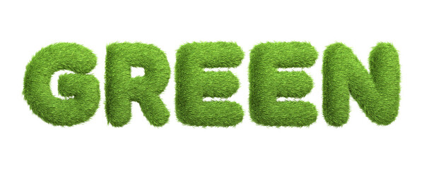 The word GREEN expressed in a vibrant green grass texture, representing eco-friendliness and the green movement, isolated on a white background. 3D Render illustration