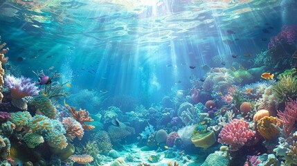 Fototapeta na wymiar Scene of an underwater reef with exotic fishes and coral reefs
