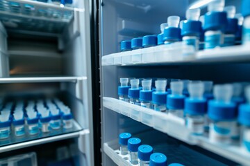An open refrigerator stocked with multiple blue-capped vaccine vials, representing healthcare and medical storage. - obrazy, fototapety, plakaty