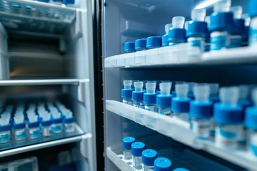 Foto auf Acrylglas An open refrigerator stocked with multiple blue-capped vaccine vials, representing healthcare and medical storage. © Anton Gvozdikov