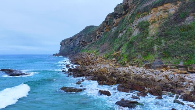 Coastal landscape around Lua&ntilde;a or C&oacute;breces beach. Aerial view from a drone. Alfoz de Loredo Municipality. Cantabrian Sea. Cantabria. Spain. Europe