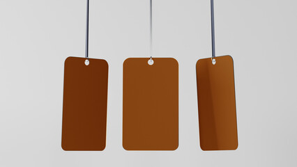 A set of orange tags hanging from a string. Mockup on white clean background.