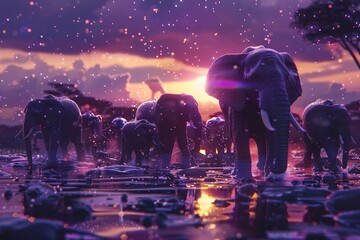 Surreal landscape where the sky rains miniature elephants under a purple sun