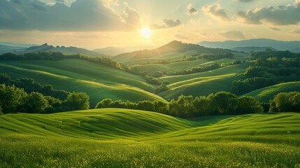 Vintage picture of green fields on hills and sun in an agricultural landscape
