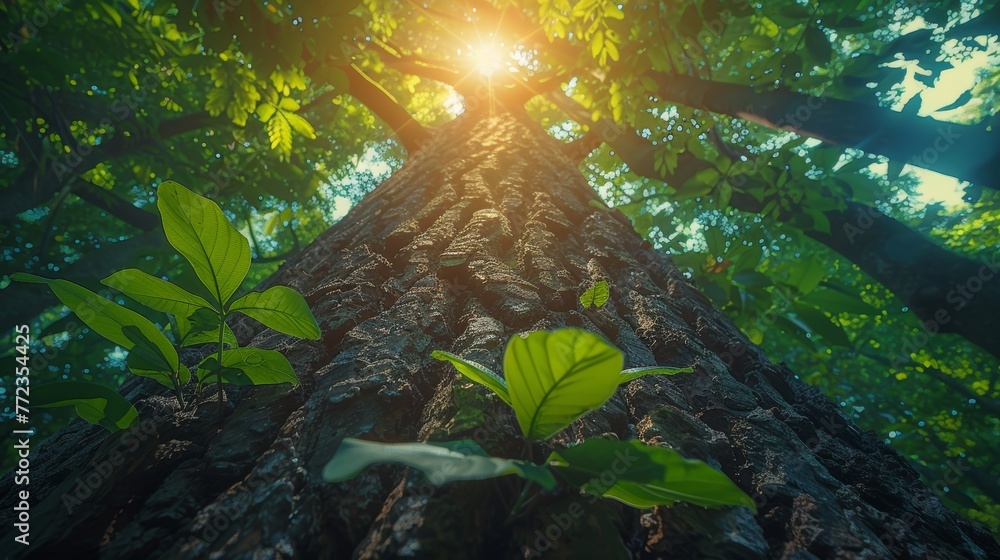 Aufkleber A tree trunk and its green leaves in a tropical forest with sunlight. Fresh environment in a park. A forest tree with small leaves in the summer.