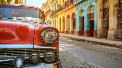 Close-up of the front of a red retro car is parked on a street in Cuba against a backdrop of...