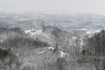 Hilly village in winter, landscape with forests and houses during cold winter day with snow and frost