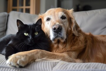 A golden retriever and a sleek black cat stand face-to-face, a testament to the surprising understanding that can blossom between unlikely companions - obrazy, fototapety, plakaty