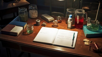 Art Station with various art supplies on a wooden table, with an open diary and a lighting lamp.