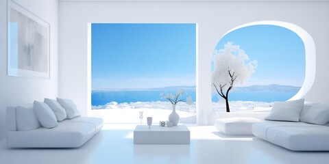 Minimalist elegance meets natural tranquility in an interior adorned with sky blue accents against a backdrop of crisp white. - obrazy, fototapety, plakaty